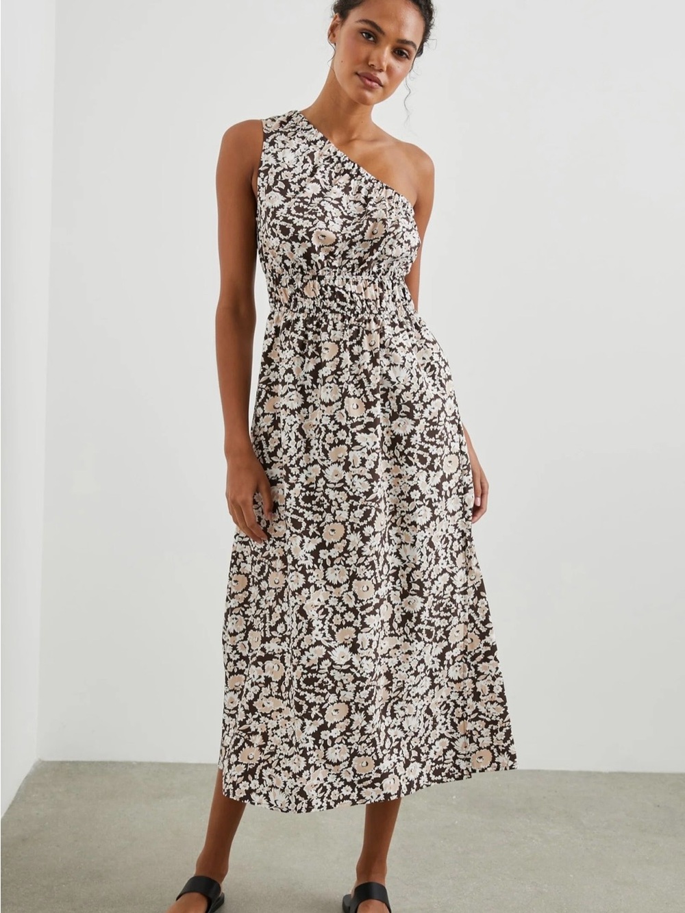 Rails Selani Dress in Russet Floral One-Shoulder Midi Dress in Brown and Cream